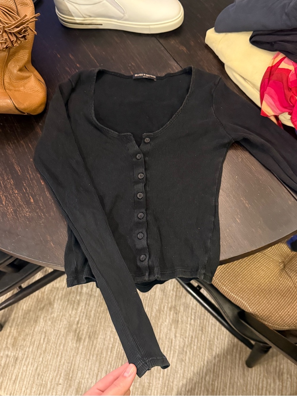 Brandy Melville Black Ribbed Button-Front Long Sleeve Top